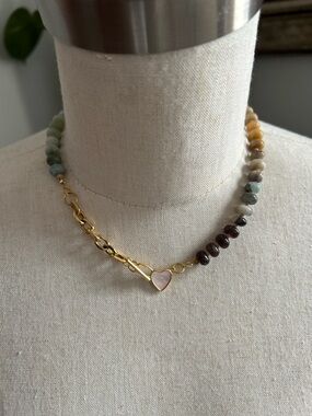 Gold Chain Necklace with Multicolor Beads and Heart Pendant